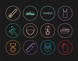 Set line Hand grenade, Military tank, knife, helmet, Rocket, reward medal and Submarine icon. Vector