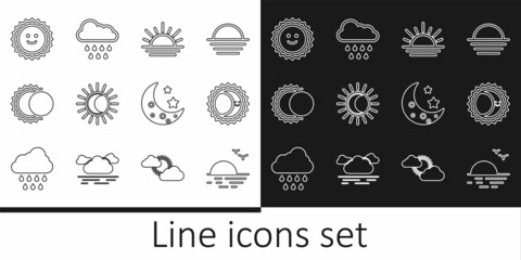 Set line Sunset, Eclipse of the sun, Moon and stars and Cloud with rain icon. Vector