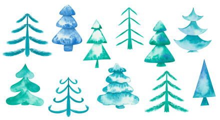 Watercolor illustration hand drawn fir tree, pine, green, blue spruce isolated on white. Forest clip art for Christmas, New Year. Winter elements for design postcard, packaging paper, fabric material