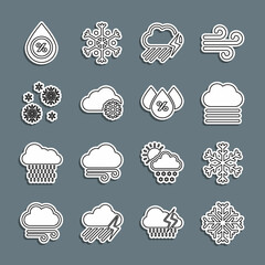 Set line Snowflake, Fog and cloud, Cloud with rain lightning, snow, Water drop percentage and icon. Vector