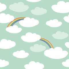 Cute sky clouds rainbow seamless vector pattern 
