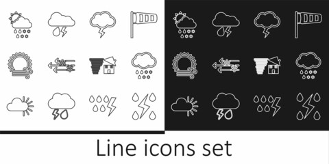 Set line Storm, Cloud with snow and rain, Wind, sun, snow,, Tornado swirl and lightning icon. Vector