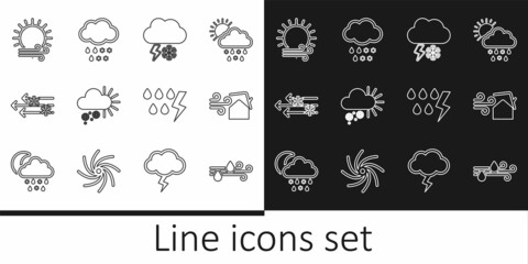 Set line Wind and rain, Tornado swirl, Cloud with snow lightning, Cloudy, sun, Storm and icon. Vector