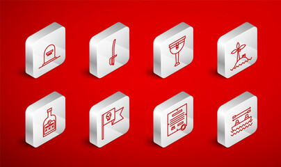 Set line Boat with oars, Pirate sword, Wooden pirate leg, Tropical island in ocean, Decree, parchment, scroll, Tombstone RIP written, flag skull and Alcohol drink Rum bottle icon. Vector