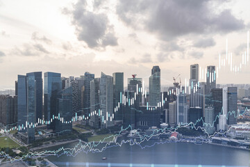 Fototapeta na wymiar Glowing FOREX graph hologram, aerial panoramic cityscape of Singapore at sunset. Stock and bond trading in Southeast Asia. The concept of fund management. Double exposure.