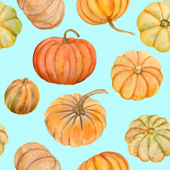 Watercolor pumpkins fall seamless pattern. It is perfect for thanksgiving cards or posters