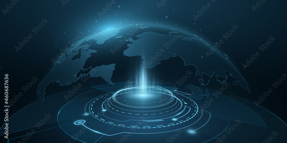 Poster digital map planet earth with hud interface. world hologram. 3d futuristic world map in cyberspace w