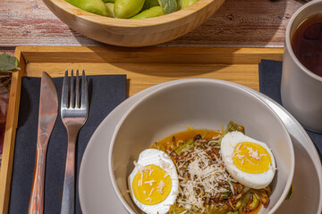Cyclanthera pedata grilled with chilli and salvia and boiled egg