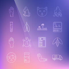 Set line Emergency car, Bee, Monitor with cardiogram, Pet, Kidney beans, Test tube and flask, Hand psoriasis eczema and Mold icon. Vector