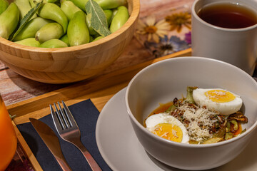 Cyclanthera pedata grilled with chilli and salvia and boiled egg