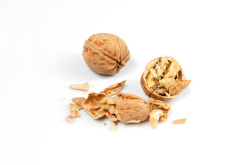 walnuts, whole walnuts on white background, cracked walnuts