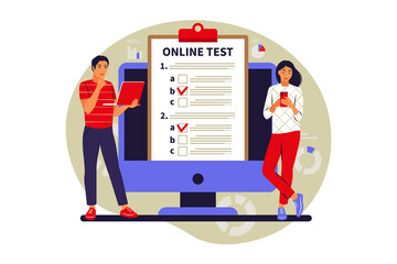 Concept online testing, e-learning, examination on computer or phone. Vector illustration. Flat