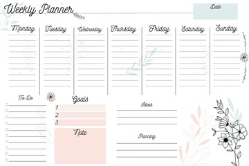 Weekly planner. Minimalistic design with pastel colors. Weekly planner with handmade flowers, notes, stationery organizer for daily plans, floral vector weekly planner template, timetable