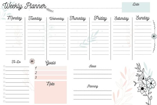 Weekly planner. Minimalistic design with pastel colors. Weekly planner with handmade flowers, notes, stationery organizer for daily plans, floral vector weekly planner template, timetable