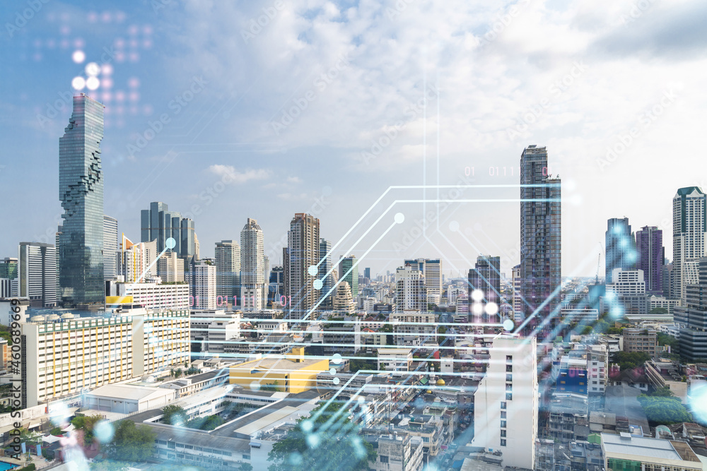 Poster technology hologram over panorama city view of bangkok. the largest tech hub in southeast asia. the 