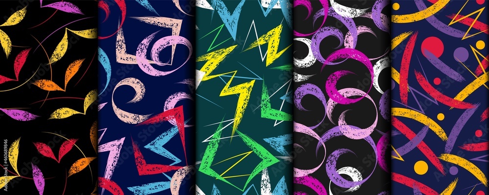 Poster set of multicolor abstract seamless patterns with grunge paint brush strokes. colorful intricate sme