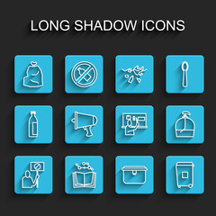 Set line Nature saving protest, Open book, Garbage bag, Lunch box, Trash can, Spread the word, megaphone, Bottle of liquid soap and Stop plastic pollution icon. Vector