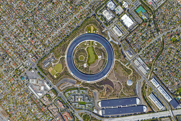 Silicon Valley looking down aerial view from above – Bird’s eye view Silicon Valley, San...