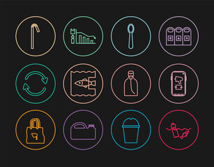 Set line Problem pollution of the ocean, Megaphone mobile, Disposable plastic spoon, Stop, Refresh, Drinking straw, Bottle liquid soap and Ecology infographic icon. Vector