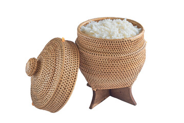 wooden bamboo sticky rice container or Thai calls Kratip on white background
