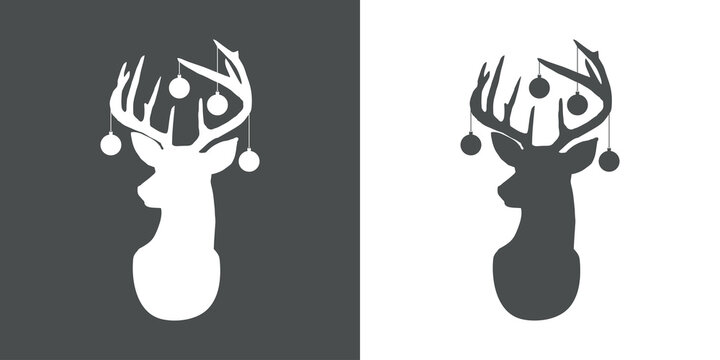 Banner con silueta de cabeza de rena con bolas de navidad de adorno en fondo gris y fondo blanco