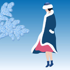 Winter landscape. Elegant woman in coat and hat trimmed with white faux fur - art, vector. Headdress. Sale. Winter clothes