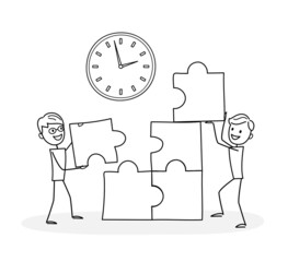 People are putting together a puzzle. People working, solve problems, developing ideas, taking part in business activities. Teamwork. Concept for web design. Outline of a vector illustration. Doodle 