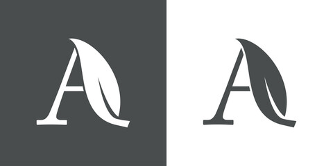 Logotipo letra inicial A con hoja de árbol en fondo gris y fondo blanco