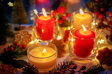 Winter Christmas holidays background with candles; christmas light; Cup of cocoa with marshmallow or hot chocolate near a window