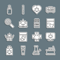 Set line Manual grinder, Location and cannabis, Plastic bag of, Marijuana leaf heart, Laptop marijuana or, Magnifying glass, olive oil and Medical bottle with icon. Vector