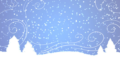 winter festive christmas blue background with snow and snowfall, fir trees and place for text. Basis for postcards, banners