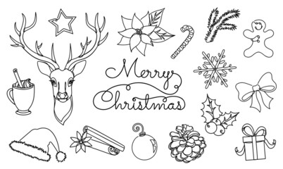 Set of Christmas details in a linear style. 