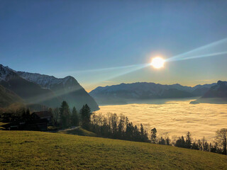 TRIESENBERG, LIECHTENSTEIN, DECEMBER 5, 2019 Fog over the rhine valley