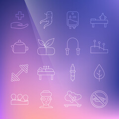 Set line Food no diet, Leaf, Acupuncture therapy, IV bag, Medical pill with plant, Kettle handle, Cross hospital medical and Jump rope icon. Vector