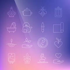 Set line Heart in hand, Fitness mat roll, Bee, Teapot with cup, Bathtub, Oil bottle and Pipette icon. Vector
