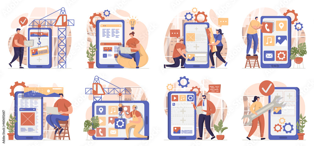 Aufkleber app development collection of scenes isolated. people create ui layouts and optimizes programs set i