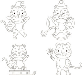 Set of cute tigers for coloring book