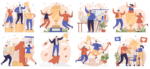 Business award collection of scenes isolated. People celebrating success, achieving goals and win, set in flat design. Vector illustration for blogging, website, mobile app, promotional materials.