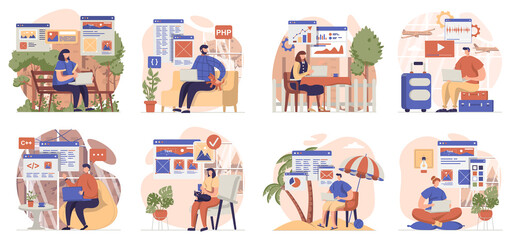 Freelance working collection of scenes isolated. People work with laptops remotely from workplace, set in flat design. Vector illustration for blogging, website, mobile app, promotional materials.