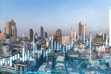 Naklejka premium Glowing FOREX graph hologram, aerial panoramic cityscape of Bangkok at sunset. Stock and bond trading in Southeast Asia. The concept of fund management. Double exposure.