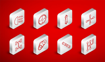 Set line Gear shifter, Shock absorber, Wheel wrench, Car chain, High beam, Timing belt kit and Chassis car icon. Vector