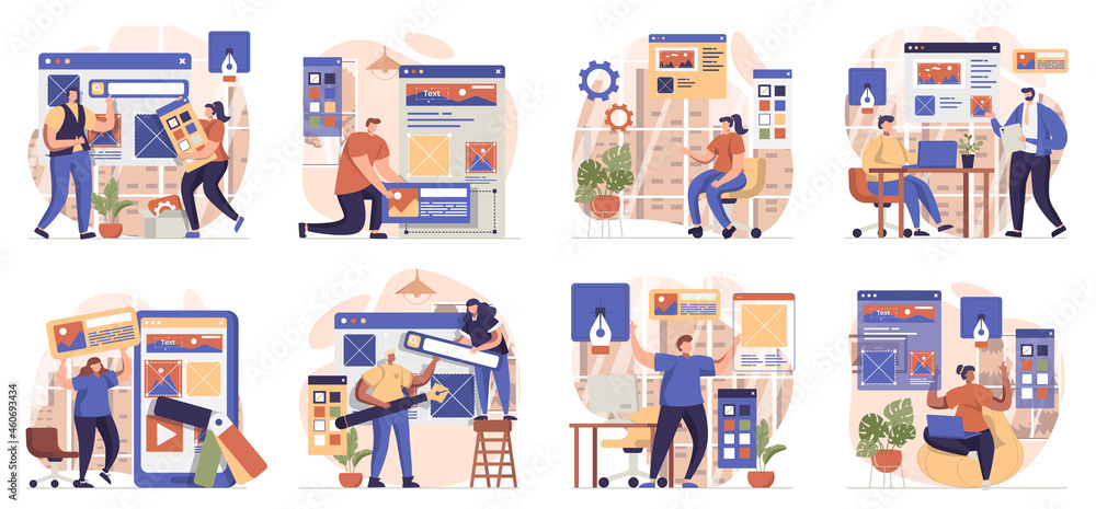Fototapete web design collection of scenes isolated. people create website layout, place elements and graphics,