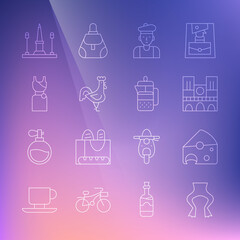 Set line Frog legs, Cheese, Notre Dame, French man, rooster, Woman dress, Place De La Concorde and press icon. Vector