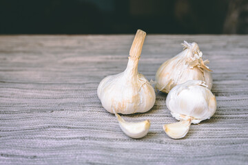 Close-up of fresh white garlic. Copy space