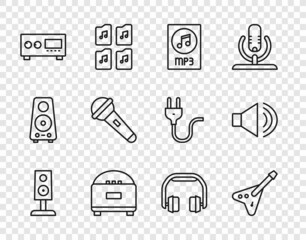 Set line Stereo speaker, Electric bass guitar, MP3 file document, Guitar amplifier, Microphone, Headphones and Speaker volume icon. Vector