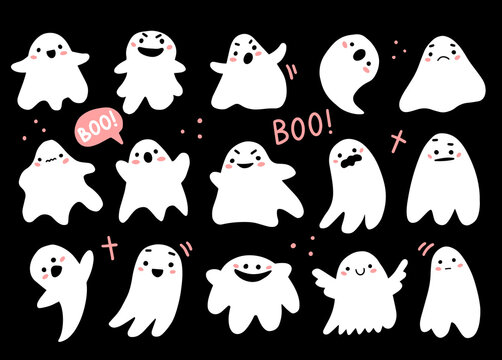 Set with cute ghosts in a cute cartoon doodle style. Halloween ghost characters. Vector illustration isolated on background.