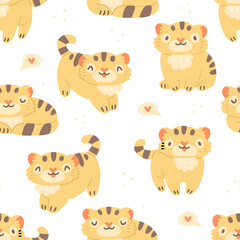 Children's seamless pattern with cute tiger cubs and hearts on a white background. Vector illustration background in pastel colors.