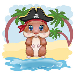 Cute hamster pirate, in a cocked hat, summer and sea concept, cartoon characters of hamsters, funny animal