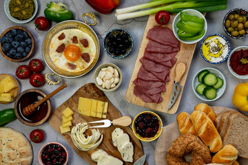 Flat-lay of Organic, and fresh delicious traditional Turkish breakfast on table.with empty space.