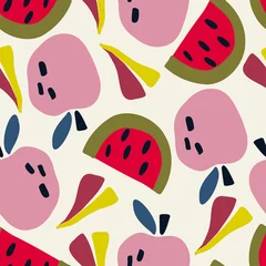 Foto op Aluminium Fall seamless pattern with leaves, apples and watermelon slice. Hand drawn vector background in retro color palette. © Ekaterina
